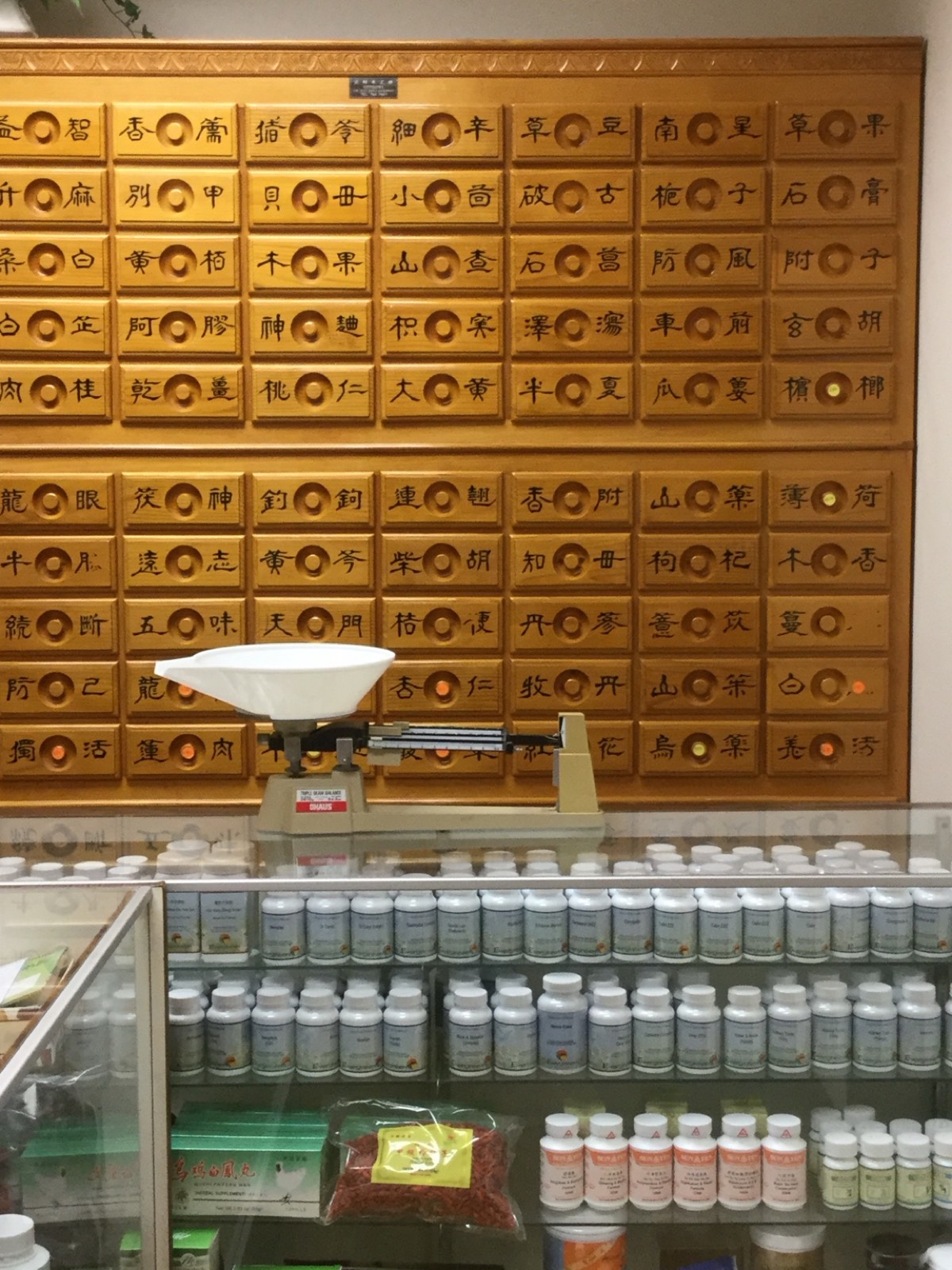 Traditional herbal medicine drawers and dispensary